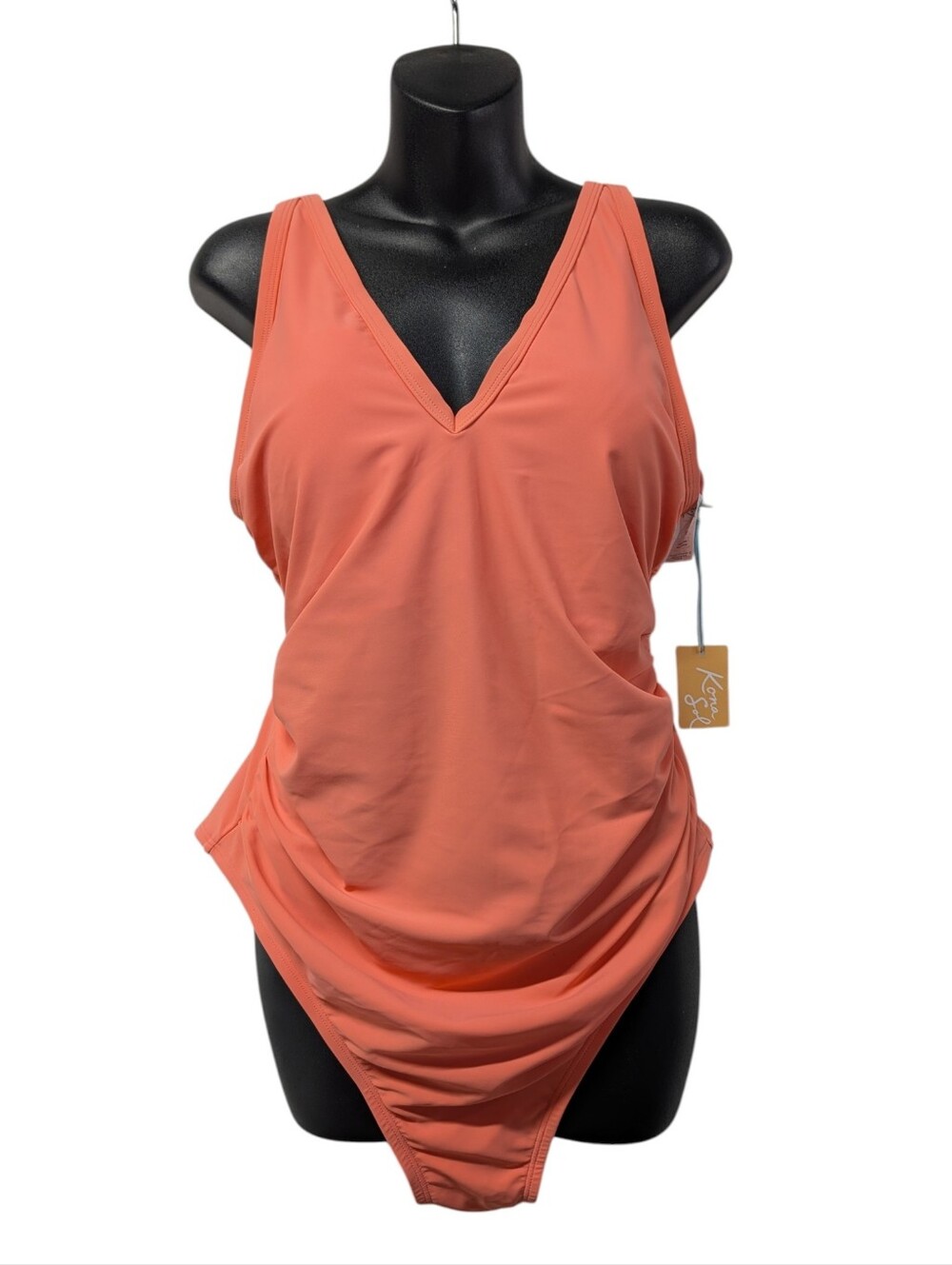 Kona Sol Coral Ruched One Piece Swimsuit Plus Size 18W V-Neck Tankini Style NWT